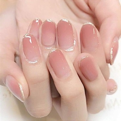 TREXEE 24 French False Nails With Sticker&Manicure File&Wood Stick(Golden Lines-Almond)(Beige)