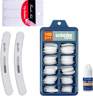 Scheibe 100 White Nails,1 Nail Glue, 1 Tip and 2 Nail Buffer(Multicolor)