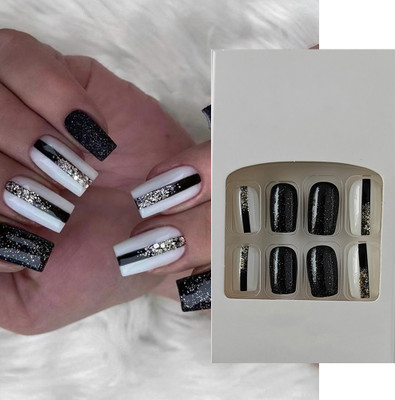 S.A.V.I 24 PCs Medium-Size Square Shape Sequin & Glitter DIY Manicure Set Nail Art Kit(Black and White)