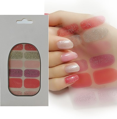 S.A.V.I 12PCS Glittery Gel Nail Stickers Full Nail Art Decals, Long-Lasting Shine(Red & Pink)