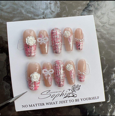 Sophia Artificials Nails | Nail Art | Hand Made | 10 Nail | Designer Nail | Made in USA(Light Brown And Red)