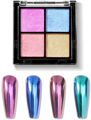 Das Dnails 4 Color Solid pink, silver and light blue and magenta color chrome powder(Multicolor)