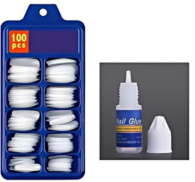 NIDEE 100-Piece Artificial Nails Set - 100 White nail with 1 Nail Glue Combo WHITE(Pack of 100)