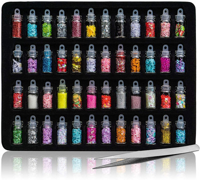 Gleevia Glitter Bottles 48in1 Resin Charm Glitter Sequins Mylar Set with Tweezer Combo(Multicolor)