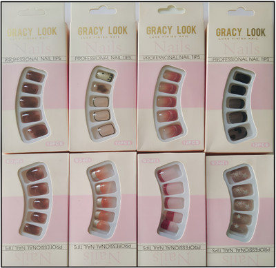 navee Artificial Reusable Fake Nail Kit Long-Lasting Nail Glue Combo Set (Pack of 8 )(Peach Blossom)