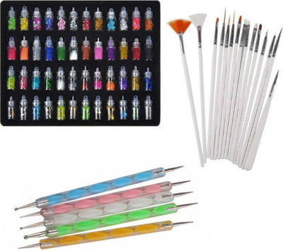 VULPIX 48 Bottles 3d Nail Art Glitter Sequins Set, 5Pc Double Side Dotting Pen, 15Pcs Nail Art Brush Decoration Tool(Multicolour)