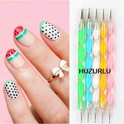 HUZURLU Professional 5Pcs 2 Way Usable Marbleizing Nail Art Dotting Pen(Multicolor)