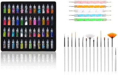 GLOW FIRST 48 Bottles 3d Nail Art Set, 5Pc Double Side Dotting Pen, 15Pcs Nail Art Brush(multicolor)