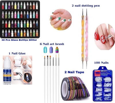 LOVHIDE 48pcs Glitter Glass Bottle + 100 Nail + 2 tape + 6 brush + 2 Dotting pen + glue(Multicolor)