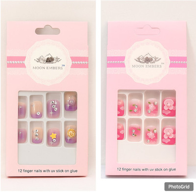 MiniFab Kids Nail Art Return Gift–12 Boxes Each box contains 12 Nails & UV Stick-On Glue(Multicolor)