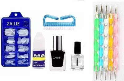 Zailie Fake Nails With Transparent & Black Polish ,Cleaning brush, Dotting Tools set 5(MULTICOLOR)