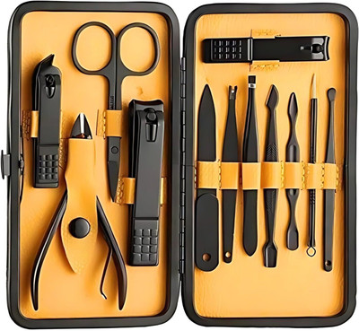 Sergio Nail Tools Manicure & Pedicure Set of 12pcs with Luxurious Case (Black/Yellow)