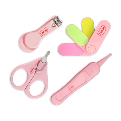 LuvLap Baby Grooming Scissors & Nail Clipper Set/Kit, Manicure Set, 4pcs, Pink, 0m+