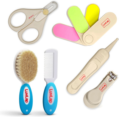 LuvLap Baby Nail Grooming 4pcs Set, Hair Grooming Natural Soft Brush & Comb Set