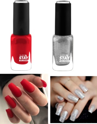 Emijun COMBO Non Toxic Professional Nail Polish RED & SILVER SILVER, RED(Pack of 2)