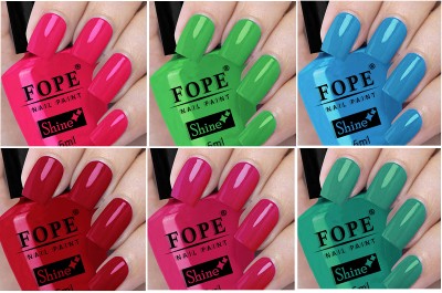 FOPE Long Shine Glossy Nail polish set-7-10Meganta,Dark Meganta,Green Pink,Green,Sky Blue,Meganta,Dark Meganta,Green(Pack of 6)