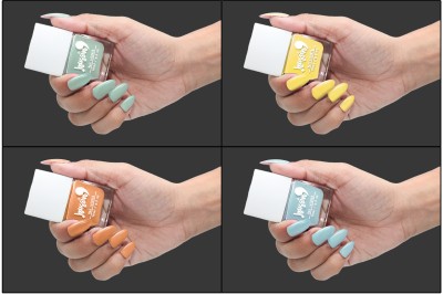 BUSSIN' BEAUTY Glossy Finish Nail Polish | Long lasting, Quick Dry Paint With Chip Resistant Soft sky blue, Bright yellow, Warm caramel, Light sage green(Pack of 4)