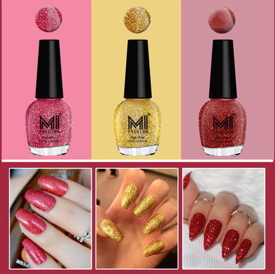 MI FASHION Ultra Glass Glitter Long Stay Nail Polish 15ml each Goldon Gold, Pink, Red(Pack of 3)