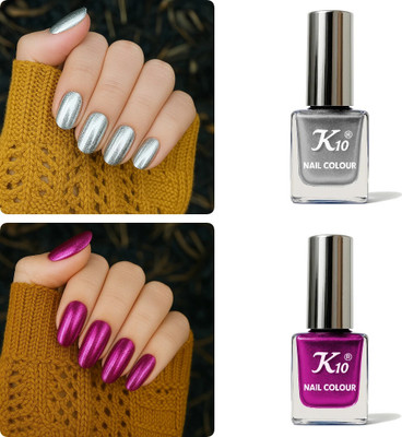 K10 Metallic Nail Polish Combo Multicolor (12ML Each) Silver,DarkPink(Pack of 2)