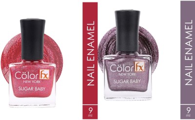 Color Fx SUGAR Baby Nail Lacquer Water Proof Matte Touch Nail Polish Quick Dry Rich Color Metallic Shimmery Violet & Red Shade(Pack of 2)