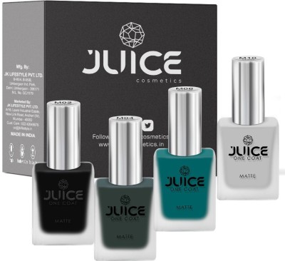 Juice ONE COAT NAIL PAINT COMBO LONG LASTING 11ML EACH PACK OF 4 CROW BLACK - M02, ROCK BOTTOM - M04, BRIGHT AQUA - M06, ICE GREY - M10(Pack of 4)