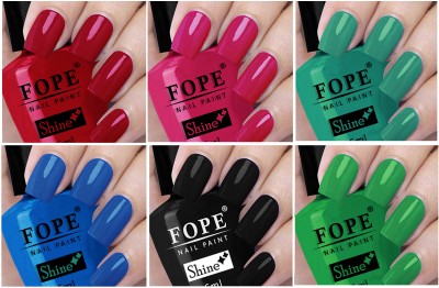 FOPE Long Shine Glossy Nail polish set-10-11Blue,Black,Light Green Meganta,Dark Meganta,Green,Blue,Black,Light Green,(Pack of 6)