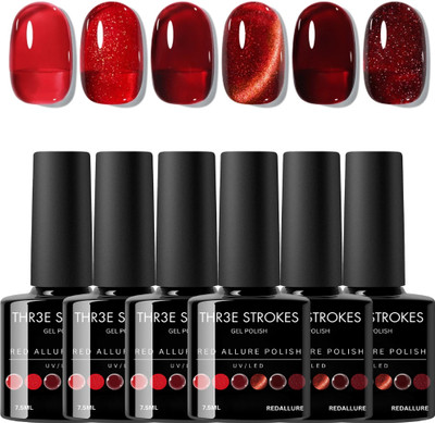 THR3E STROKES UV Gel Nail Polish Set – Glossy, Glitter & Deep Red Cat Eye Gel Polish Set 7.5ml Red Allure(Pack of 6)