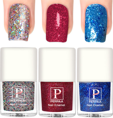 Perpaa Glitter Light Reflective Nail Polish Sparkly Gel Enamel ,C 3(5ml each) Silver,Red,Turquoise(Pack of 3)