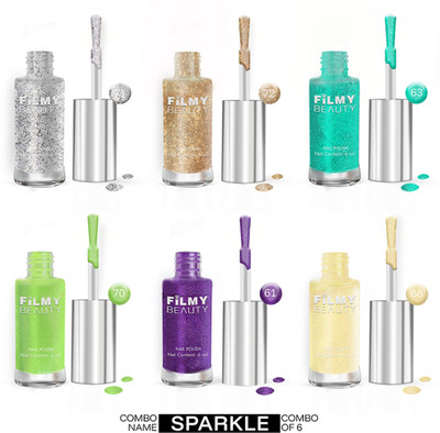 Filmy Beauty Set of 6 Nail Polish – Sparkle – Glossy GOLD GLITTER, SILVER GLITTER, SEA GREEN, LIME GREEN, GRAPE PURPLE, CORN YELLOW(Pack of 6)