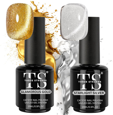 THR3E STROKES Cat Eye Gold & Silver Gel Nail Polish UV Magnetic Long Lasting for Nail Art Gold, Silver(Pack of 2)