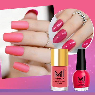 MI FASHION Glow and Go A Shiny and Matte Nail Polish Set Carrot Red,Peach(Pack of 2)