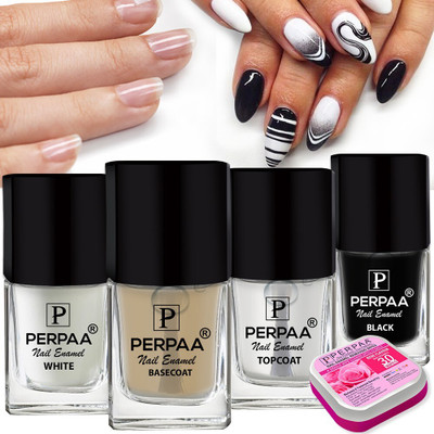 Perpaa Trendy Gel Based ,Quick-drying Nail Care Combo Set 3 114,115,118,119 (5ml Each) Base Coat ,Top Coat , White & Black Nail Polish(Pack of 4)