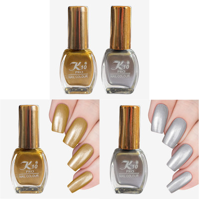 K10 Quick dry Metallic shining Nail Polish combo 7ML Each Silver, Golden(Pack of 2)