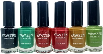VAWZEN Nail Enamel, Quick Drying, High Shine, Long Lasting, Chip Resistant, black, sea green, red glitter, chilly red, brown, moss green(Pack of 6)