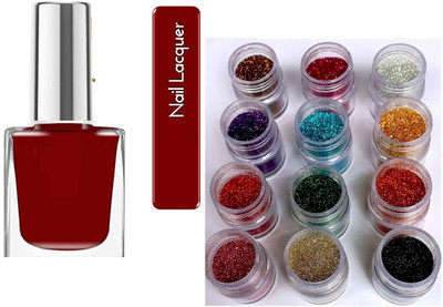 Jiwoo Red nail paint with comboo set big glitter red, multicolour gliter(Pack of 2)