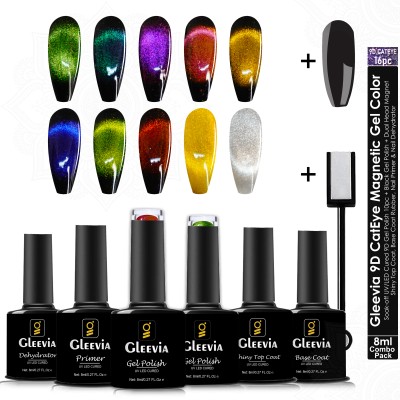 Gleevia 9D CatEye UV Gel Nail Polish | 16pc Combo of 9D Magnetic UV Gel 8ml/each Multicolor(Pack of 16)