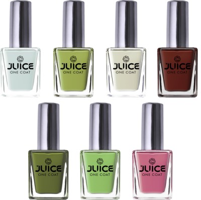 Juice One Coat, High Gloss, Chip Resistant & Long-Lasting Nail Paint Combo, 11ml Each Merlot, White, Pink Berry, Green, Bright Green, Brown, Pastel Green(Pack of 7)