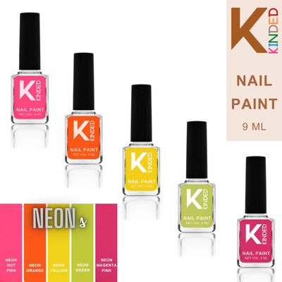 KINDED Nail Paint Lacquer Nail Polish Enamel with One Coat Single Stroke Application Neon Shades 01-05 Combo(Pack of 5)