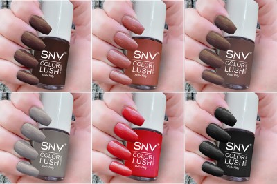 SNV finest nail lacquer premium shine nail polish combo set Long Lasting Coco Brown,Copper Rust,Latte Brown,Grey,Candy Red,Black(Pack of 6)