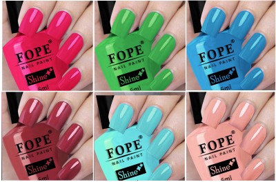 FOPE Long Shine Glossy Nail polish set-7-13Old Brick,Sky Blue,Light Pink, Pink,Green,Sky Blue,Old Brick,Sky Blue,Light Pink(Pack of 6)