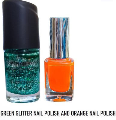 Luipui GREEN GLITTER NAIL PAINT AND ORANGE NAIL POLISH PACK OF 2 GREEN, ORANGE(Pack of 2)