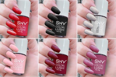 SNV finest nail lacquer premium shine nail polish combo set Long Lasting Candy Red,Black,Pastel Grey,Blossom Pink,Cherry red,Mauve(Pack of 6)