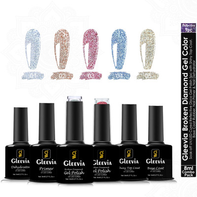 Gleevia Disco Reflective Glitter UV Gel Polish UV/LED Cured 8ml/each (9pc Combo) Multicolor(Pack of 9)