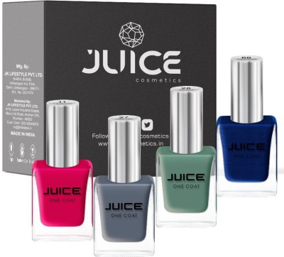 Juice ONE COAT NAIL PAINT COMBO LONG LASTING 11ML EACH PACK OF 4 FLAMENCO RED - 11, GRAVEL GRAY - 27, SEA GREEN - 28, WIGGLE FINGERS - 66(Pack of 4)