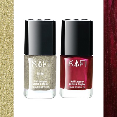 KAFI Nail Polish - Long Wear, Non Toxic, High Gel Shine, Vegan SalonPro Formula - Maroon Shimmer, Silver Gold Glitter(Pack of 2)