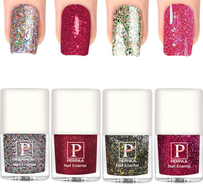 Perpaa Glitter Light Reflective Nail Polish Sparkly Gel Enamel,C 6(5ml each) Silver, Red, Green, Baby Pink(Pack of 4)