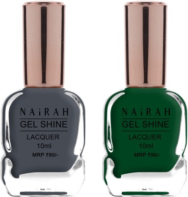 Nairah Gel Shine Nail Lacquer, Chip Resistant Nail Polish Highly Pigmented Nail Paint Grey and Green(Pack of 2)