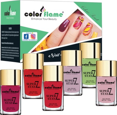 COLOR FLAME Pastel Color Crush High Gloss Non UV Long Lasting Nail Polish Combo Set of 6 Pcs Rouge, Red, Fuschia, Smocky Plum, Pickle Green, Lavender(Pack of 6)