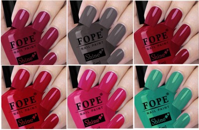 FOPE Long Shine Glossy Nail polish set-6-10Meganta,Dark Meganta,Green ,Dark Purple,Dark Grey,Blued Red,Meganta,Dark Meganta,Green(Pack of 6)