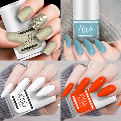 DIRTY SHADES No Chipping-No Fading Longest Lasting Ever Nail Polish Set of 4 pcs - 10ml each Sparkling Golden, Mint Blue, Cotton White, Neon Orange(Pack of 4)